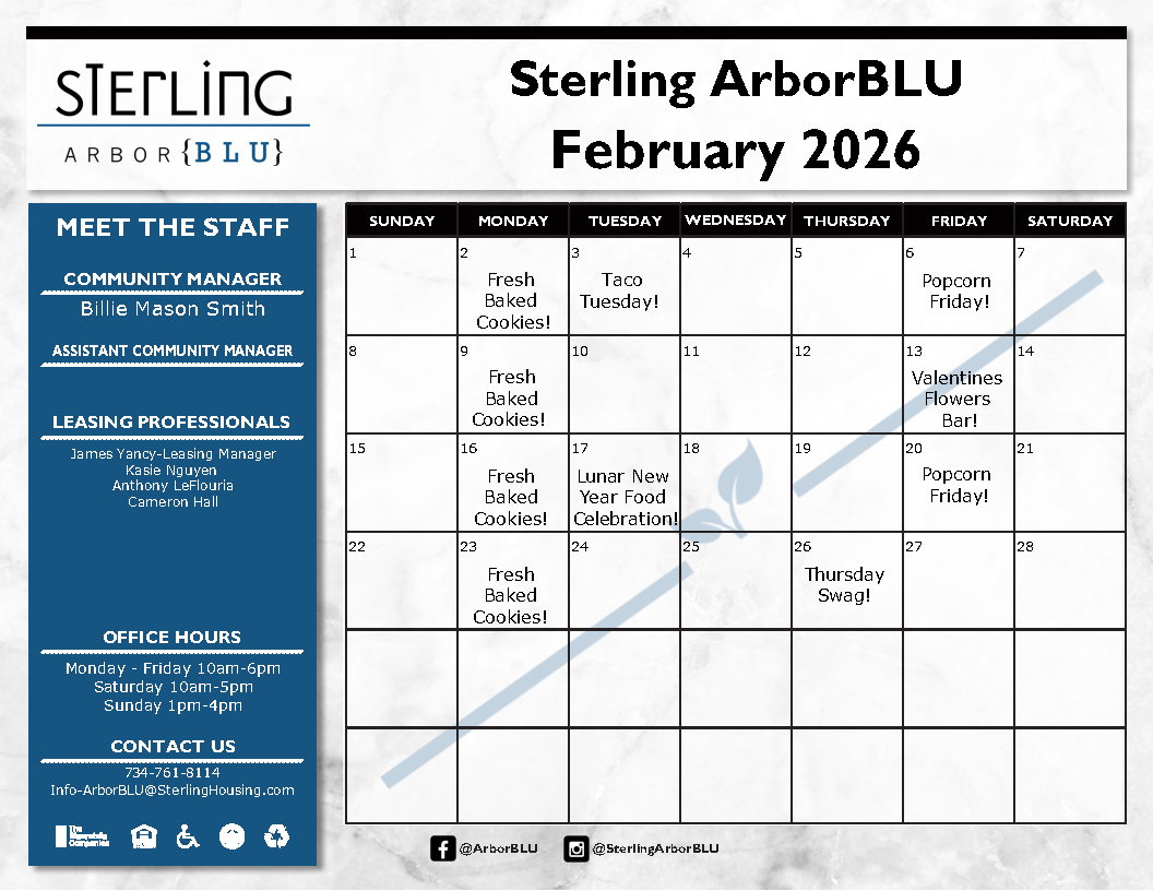 Sterling Arbor Blu Events Calendar. Fresh cookies, valentines day event, popcorn, and property swag for Sterling Arbor Blu