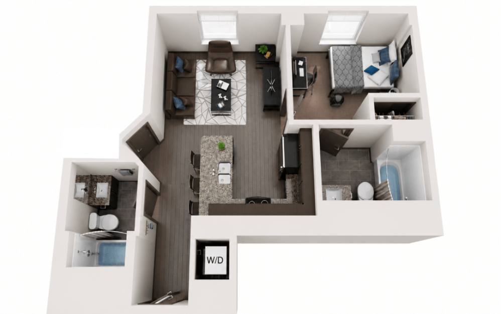 Unit 11 - 1 bedroom floorplan layout with 2 bathrooms and 641 square feet