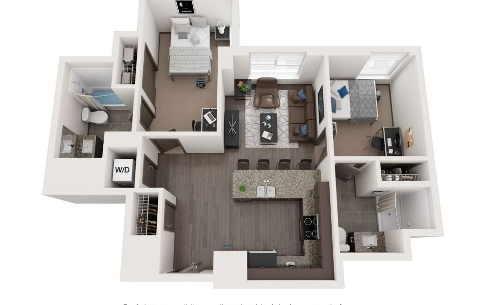 Unit 07 - 2 bedroom floorplan layout with 2 bathrooms and 843 square feet