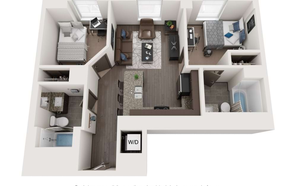 Unit 11 - 2 bedroom floorplan layout with 2 bathrooms and 741 square feet